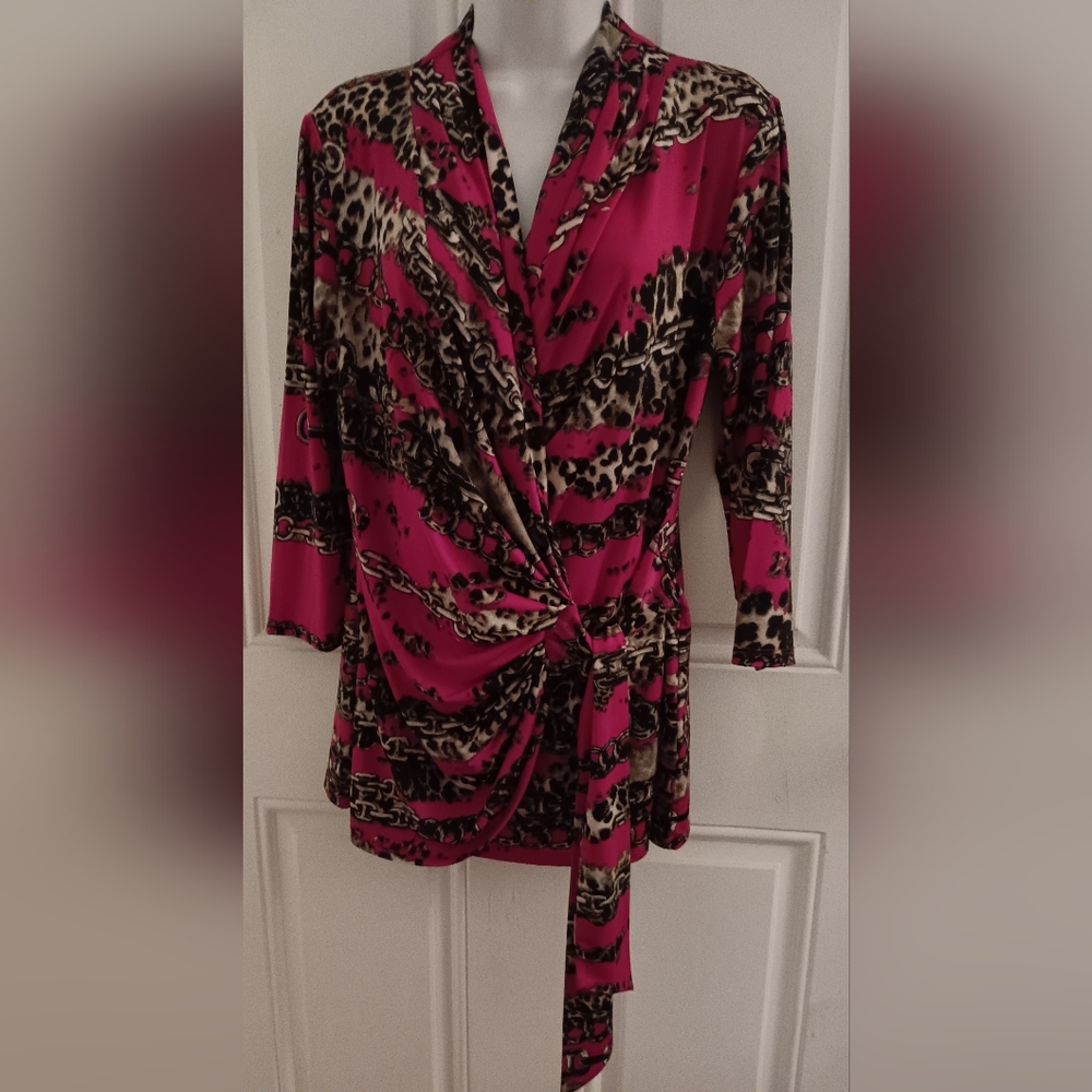 Y2K CLOTHING BY "CARMEN MARC VALVO" FUCHSIA ANIMAL PRINT SEMI WRAP BLOUSE  L
